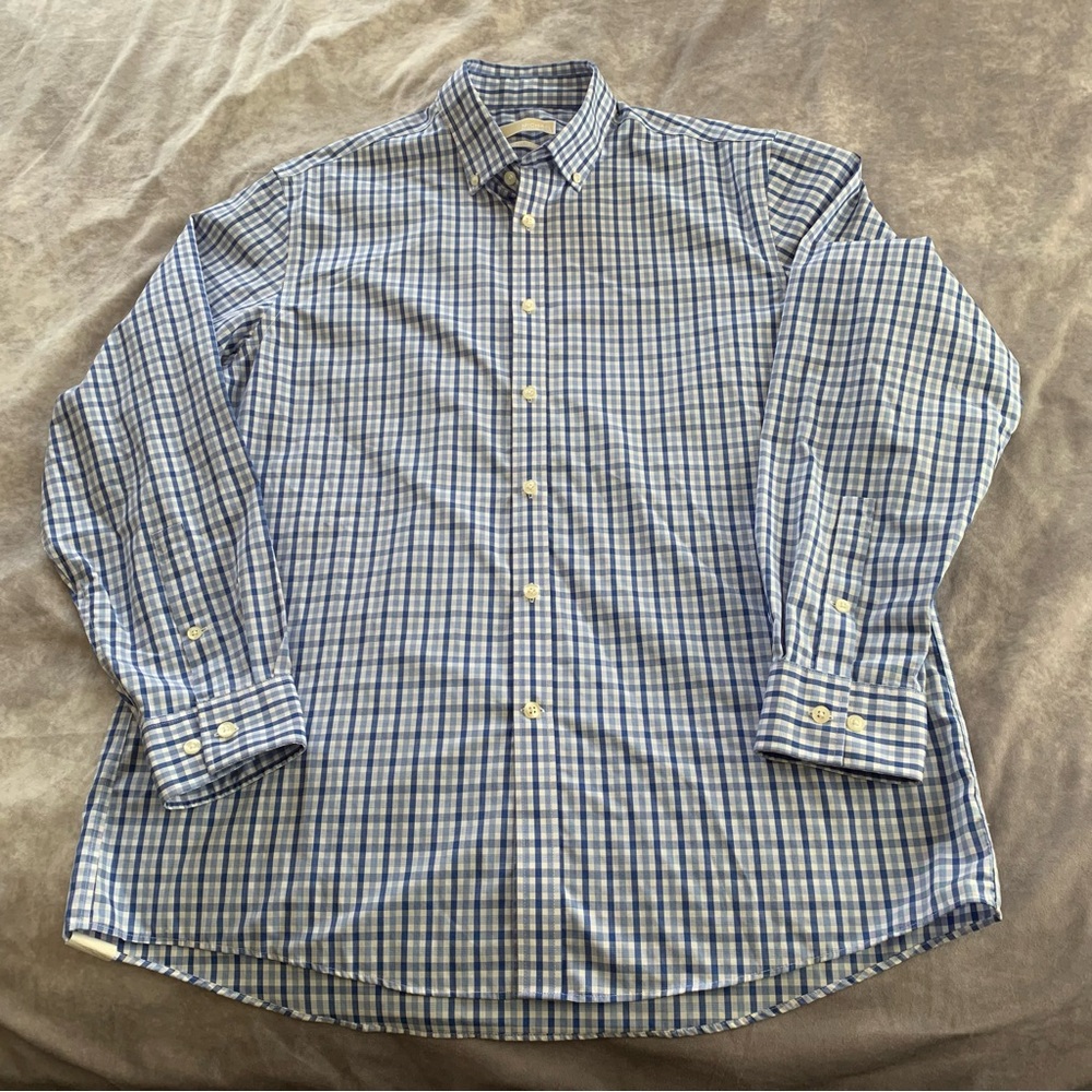 Michael Kors Regular Fit non iron button up blue checkered plaid 16 1/2 34/35